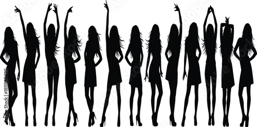 Silhouettes of a Group of Attractive Young Women Dancing and Celebrating Together at a Party, 