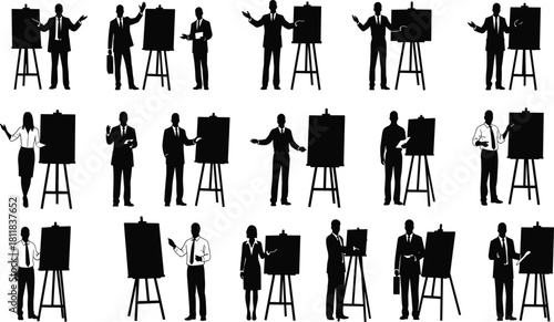 Collection of Diverse Business Silhouettes, Including Men and Women, Presenting and Speaking Next to Easel Boards, 