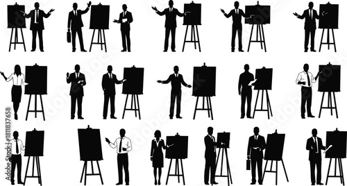 Silhouettes of Business Men and Women Presenting with Easels, Displaying Various Poses for Presentations, 