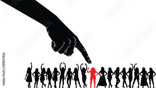 Giant Finger Pointing Down at a Group of Women Silhouettes, Highlighting One Woman in Red, Symbolizing Selection,