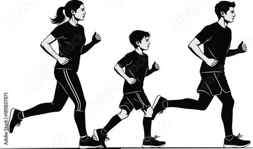 Side Profile Silhouettes of a Family, Including a Man, Woman, and Child, Running or Jogging Together, 