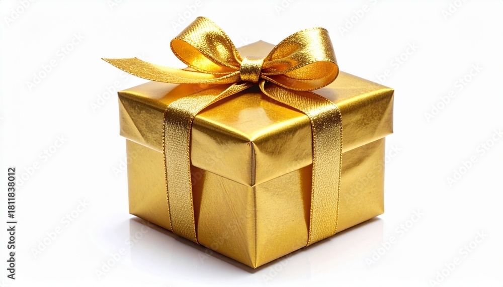 Obraz premium Small gift box wrapped in shiny gold paper and ribbon, isolated on a white background