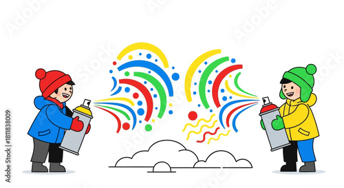 Two cartoon children in winter clothes creating colorful, abstract graffiti art together with large spray paint cans.