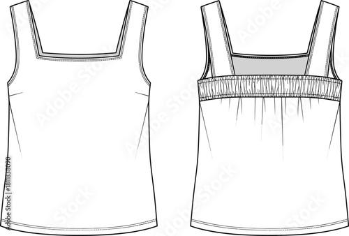 Technical flat sketch, women's sleeveless top, square neckline, shirred back, fashion design, garment construction, apparel template, vector illustration, editable