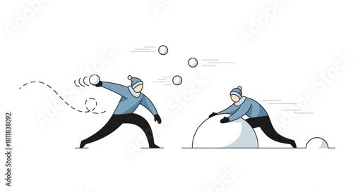 Two People Playing Snowball Fight in Winter, Wearing Hats and Gloves.