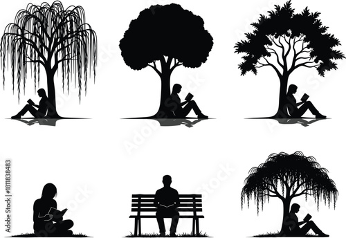 Set of black silhouettes showing people reading books under trees and on park benches, vector illustration collection for education, nature, and leisure design concepts