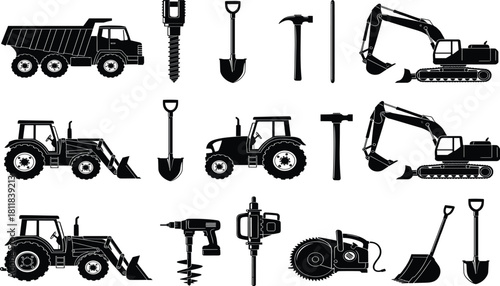Set of construction machinery silhouettes including excavator dump truck tractor and tools like shovel hammer drill vector illustration isolated on white background.