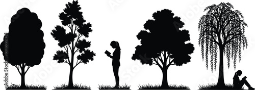Set of isolated black tree silhouettes and people reading books, vector nature landscape elements for education, park, and leisure design concepts