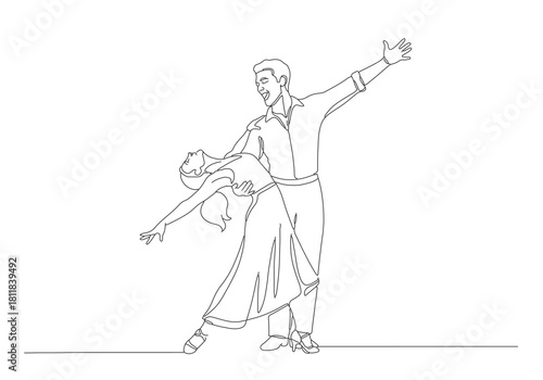 Elegant dancing couple minimalist line art drawing, a clean vector illustration capturing rhythmic movement and grace