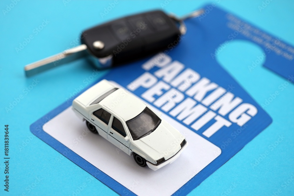 Fototapeta premium Parking permit paper notice tag for car interior with ignition keys and toy car. Parking permit for people with disabilities concept