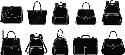 Black Silhouette Bag Vector Collection: Backpacks, Totes, Briefcases, Handbags, Messenger Bags, and Stylish Accessory Graphics Set