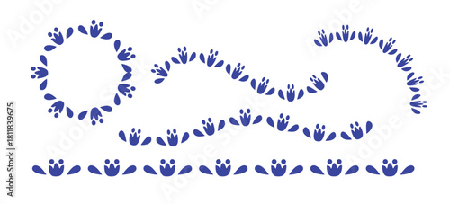 A collection of decorative borders and a circular frame made from a simple blue floral Mexican  folk art pattern on a white background.