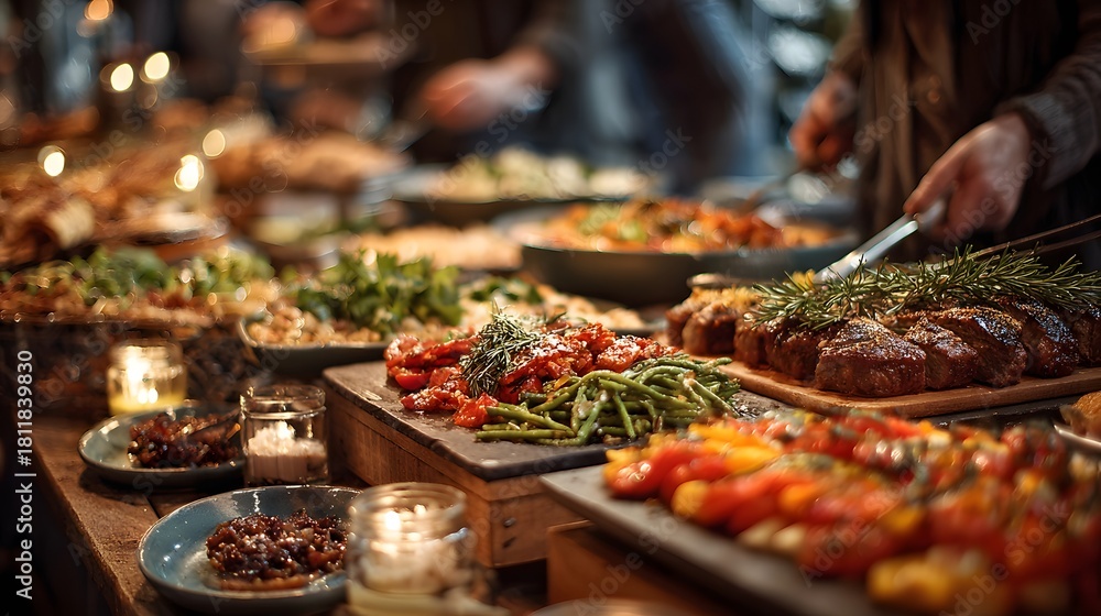 Obraz premium Bustling buffet line at a catered event, with guests serving themselves from a long table laden with a wide variety of colorful, delicious dishes.