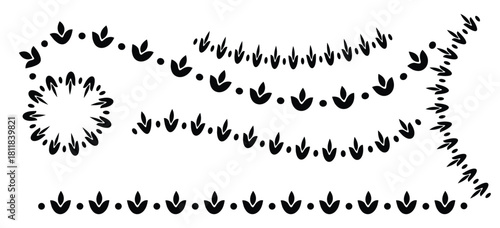 A collection of black and white decorative Mexican   borders made from simple leaf and dot motifs in various arrangements.