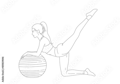 Detailed line art drawing of a woman performing exercises with a stability ball, focusing on fitness and core strength