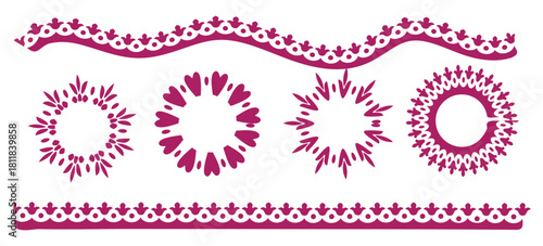 A set of ornamental magenta Mexican borders and circular frames with intricate, lace-like patterns on a white background.