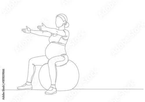 Continuous one line art drawing concept of a pregnant woman performing prenatal fitness exercises on a stability ball, promoting health and wellness