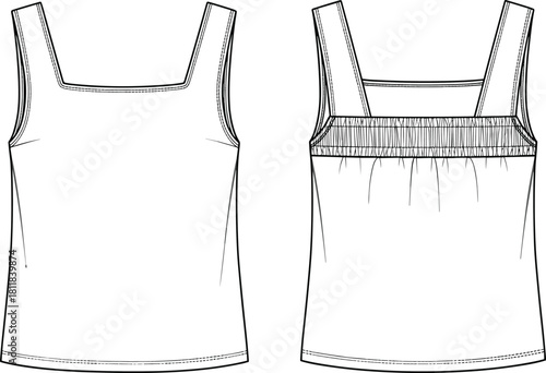 Fashion flat sketch, sleeveless women's top, square neckline, shirred back, technical drawing, apparel design, garment construction, vector illustration, sewing template