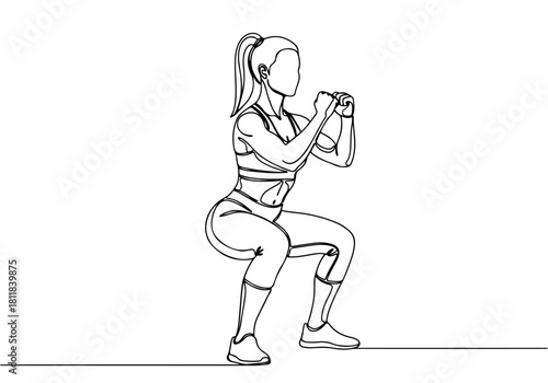 Strong athletic woman squatting, rendered in unique vector line art drawing style for fitness and health