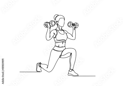 Continuous line art drawing of a woman performing lunges with dumbbells, symbolizing fitness and strength development