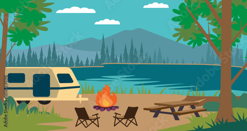 camping landscape camper silhouettes loving couple trailer mountains forest bonfire evening sunset outdoor recreation travelling illustration holiday