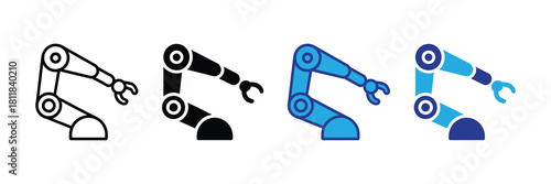 Collection of robotic arm icons in outline, filled black, light blue, and dark blue, symbolizing automation and industry on a white background. 136