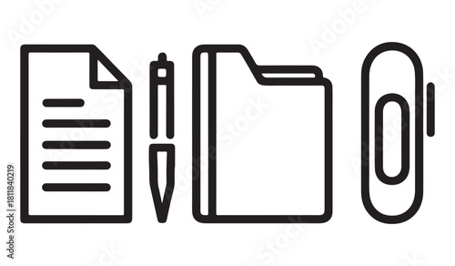  Simple line art icons representing paperwork documents pen folder and paperclip for office or organization