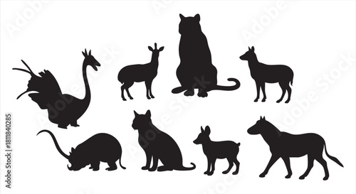 Diverse vector animal silhouettes wild and domestic creatures for design, education, and conservation. Minimalist black-and-white style highlights natural beauty, biodiversity.