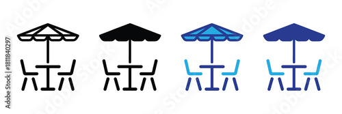 Set of four cafe table and chairs icons with umbrellas, isolated vector illustrations representing outdoor seating in line art and solid fill styles.