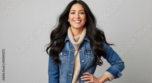 Smiling Woman Wearing Denim Jacket and Knit Sweater Casual Outdoor Fashion Style