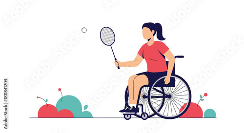 Active young woman in a wheelchair holding a badminton racket and shuttlecock playing a dynamic game outdoors.