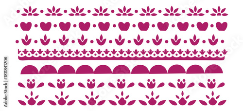 A collection of magenta Mexican  folk art style decorative borders with hearts and floral motifs on a white background.