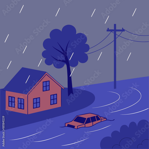 car in the city, flooding and raining