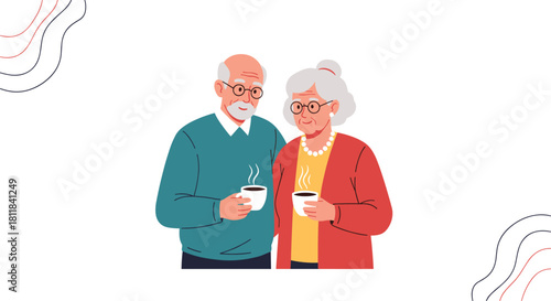 Affectionate elderly couple with eyeglasses enjoying hot coffee or tea together at home sharing a warm cozy moment.