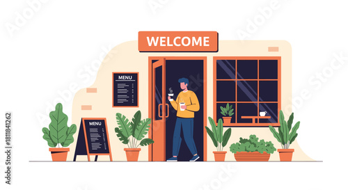 Stylish young man holding a cup of coffee stepping out of a modern cafe with a "WELCOME" sign and lush green plants.