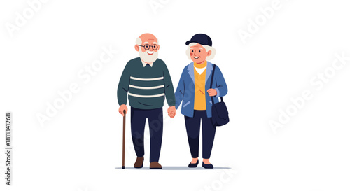 Happy elderly couple walking hand-in-hand in an outdoor park enjoying a peaceful and loving stroll together showing companionship.