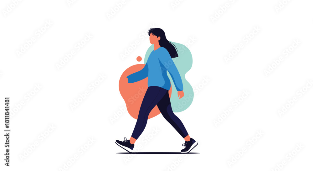 Obraz premium Confident young woman walking purposefully forward against a vibrant abstract background symbolizing progress and healthy movement.