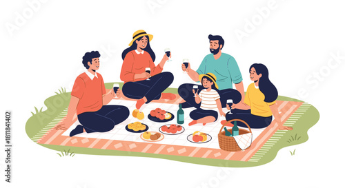 Happy multi-generational family enjoying a delightful picnic outdoors with food and drinks on a blanket in a green park.