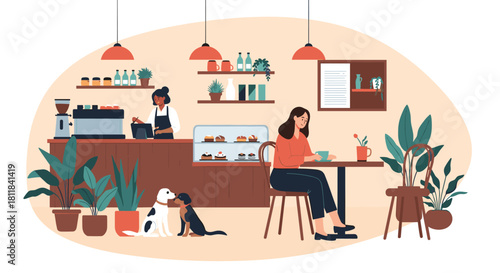 Relaxed young woman enjoying coffee at a pet-friendly cafe with two adorable dogs sitting patiently on the floor nearby.