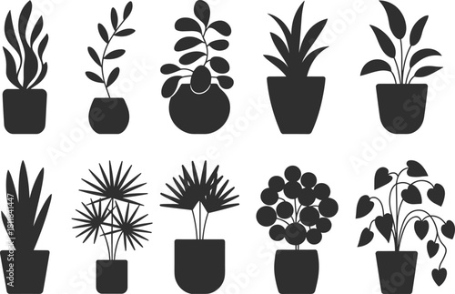 Black silhouette potted plants icons, indoor houseplant vector set, modern botanical illustration collection, decorative nature elements, cad drawing flat vector illustration