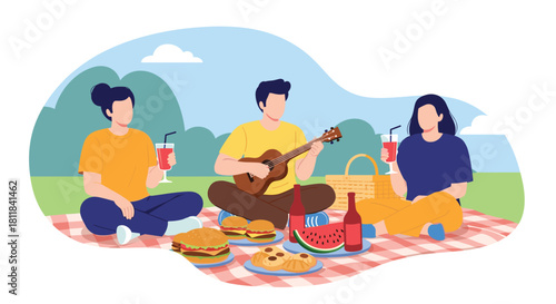 Happy diverse group of friends enjoying a musical picnic outdoors with delicious food and a ukulele on a checkered blanket.