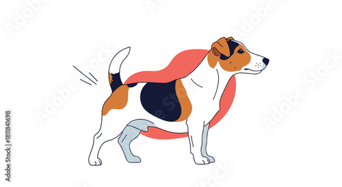 Playful Jack Russell Terrier dog standing proudly with a wagging tail against a vibrant abstract background symbolizing its energetic spirit.