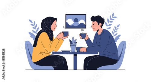 Happy young Muslim couple enjoying hot coffee together at a cozy cafe table sharing a pleasant and warm conversation.