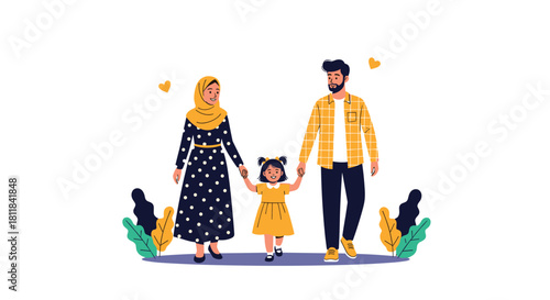 Happy Muslim family of three holding hands and walking together outdoors surrounded by hearts symbolizing love and joy.