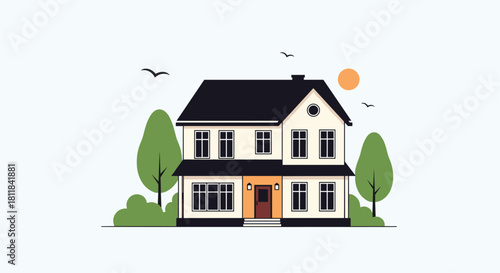 Beautiful modern two-story house with trees and a sunny sky creating an inviting and serene suburban living environment.