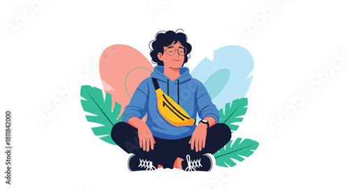 Calm young man with glasses sitting cross-legged meditating peacefully against a colorful abstract background symbolizing mindfulness and relaxation.