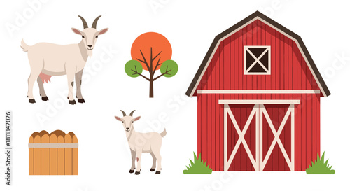 Charming collection of farm elements featuring two goats a red barn a vibrant tree and a hay bale perfect for rural life designs.
