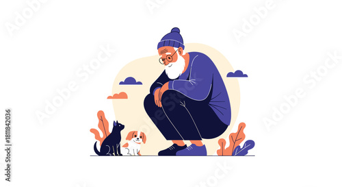 Gentle elderly man squatting down to affectionately interact with a curious cat and an adorable puppy symbolizing love for animals.