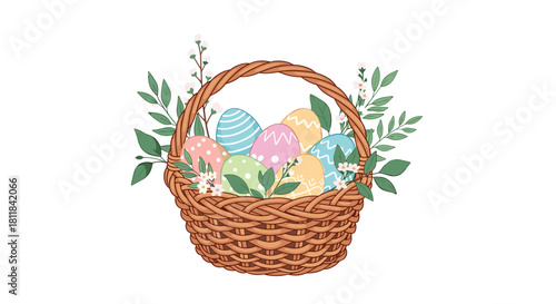 Charming woven basket filled with beautifully decorated Easter eggs and delicate spring flowers perfect for a joyful holiday celebration.