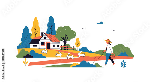 Peaceful woman walking on a vibrant farm field with rabbits hopping around a charming house in the background symbolizing rural life.
